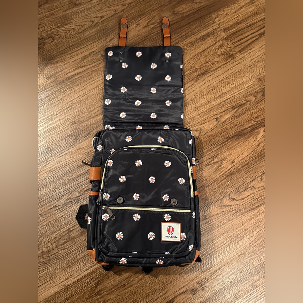 Xinveen Black with Daisies Slim Vintage Laptop Backpack - New - Picture 3 of 10